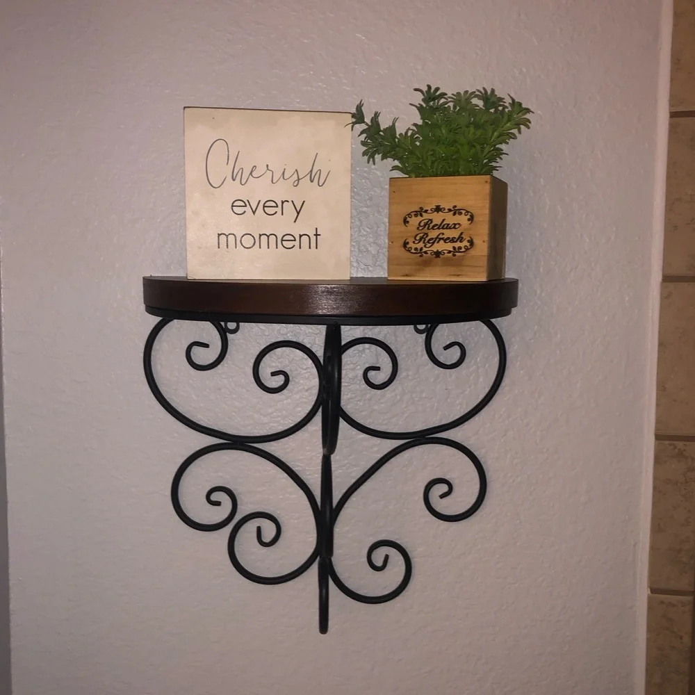 Decorative Wall Shelf with Black Scroll Bracket and Brown Wood Top